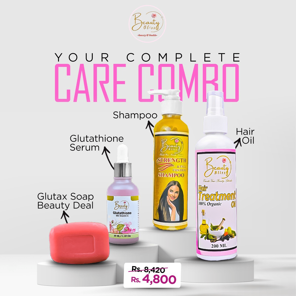 Big Pack Of 4 Hair Oil + Shampoo + Glutathione Serum +Glutax Soap Beauty Deal Hair Care BEAUTY BLISS